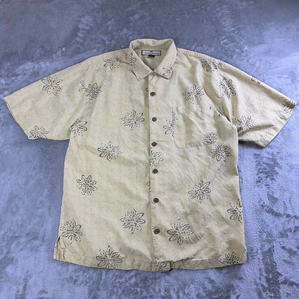 Tommy Bahama Hawaiian Shirt Mens M Beige Floral 100% Silk Short Sleeve Button